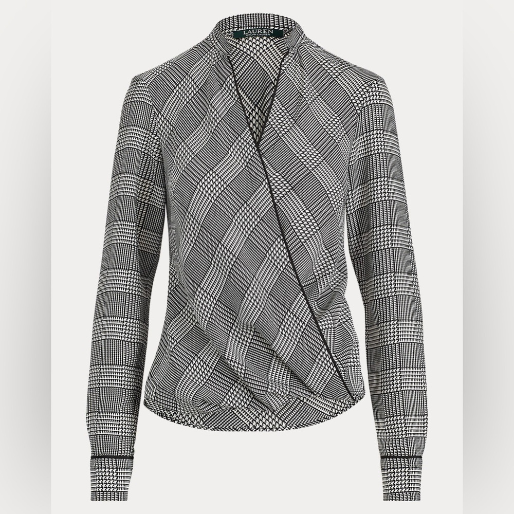 LRL Glen Plaid Houndstooth Surplice Long Sleeve Blouse